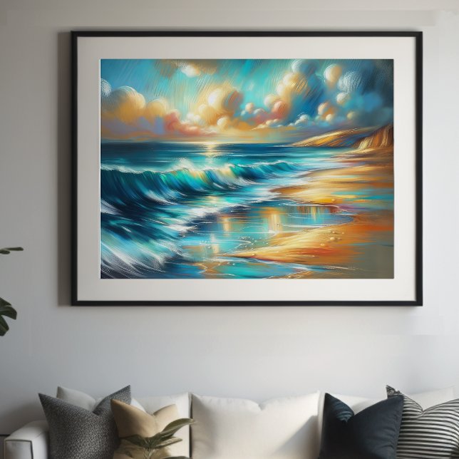 Poster Dur Pastel Dessin Vagues sur une Plage III (Créateur téléchargé)