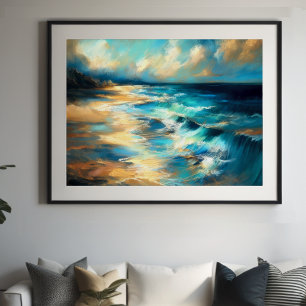 Poster Dur Pastel Dessin Vagues sur une plage IV