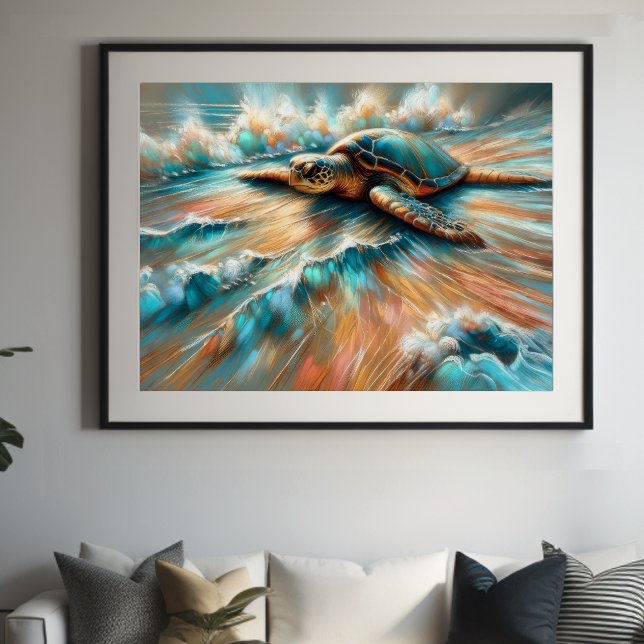 Poster Dur Pastel Dessiner la tortue de mer sur la plage (Créateur téléchargé)