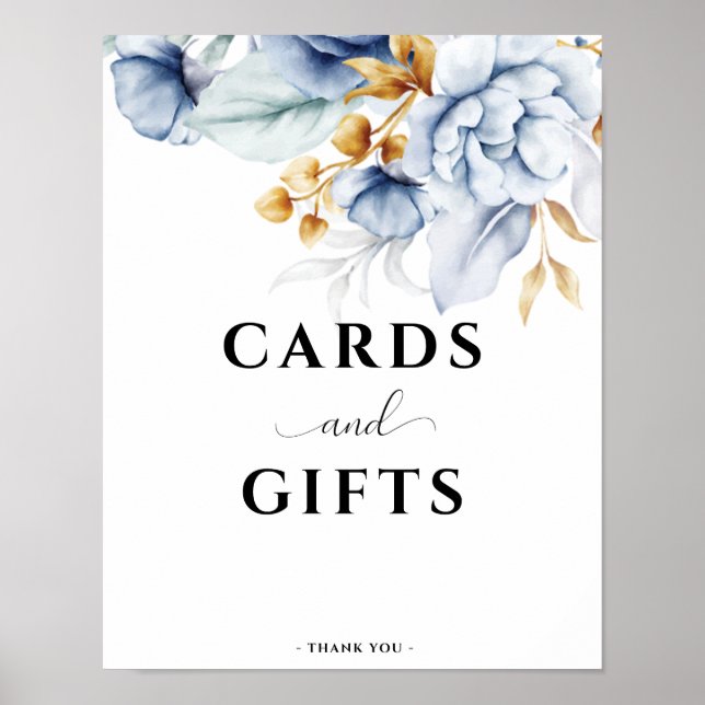 Poster Dusty Bleu Blanc Or Floral Cartes de Mariage & Cad (Devant)