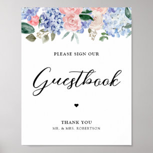 Poster Dusty bleu hydrangeas rose s'il vous plaît signer