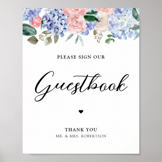 Poster Dusty bleu hydrangeas rose s'il vous plaît signer  (Devant)