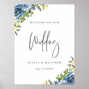 Poster Dusty Bleu Jaune Mariage Botanique Bienvenue
