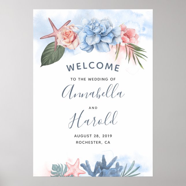 Poster Dusty Blue and Blush Beach Wedding Welcome (Devant)