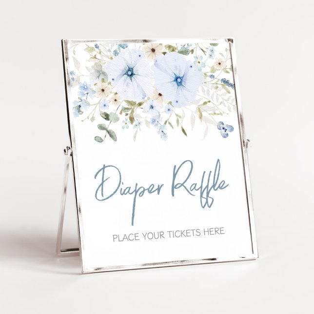 Poster Dusty Blue Baby Bloom Baby shower Déchets Raffle (Boy Spring Flowers Baby Shower Diaper Raffle Sign)