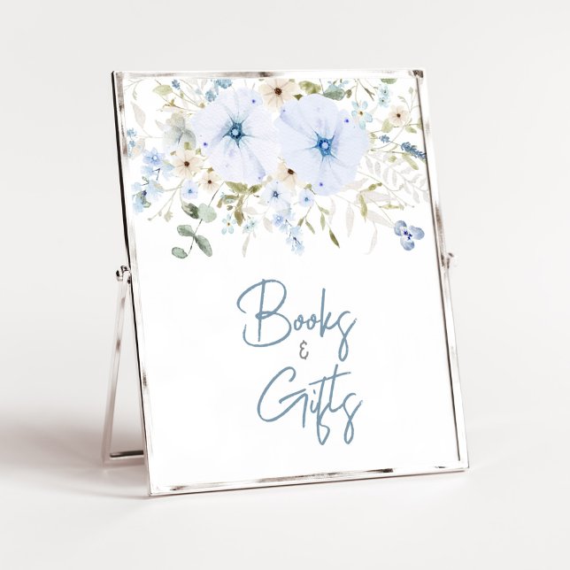Poster Dusty Blue Baby Bloom Baby shower Livres et cadeau (Boy Spring Flowers Baby Shower Books and Gifts Sign)