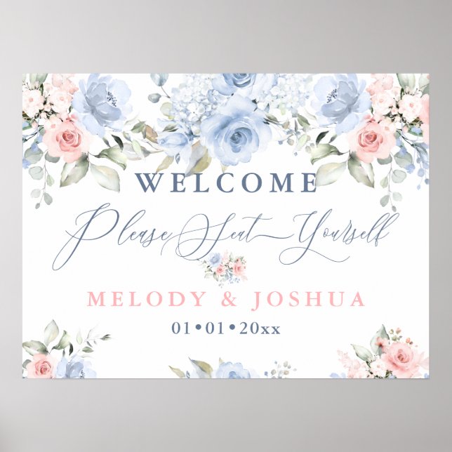 Poster Dusty Blue+Blush Aquarelle Roses S'Asseoir (Devant)
