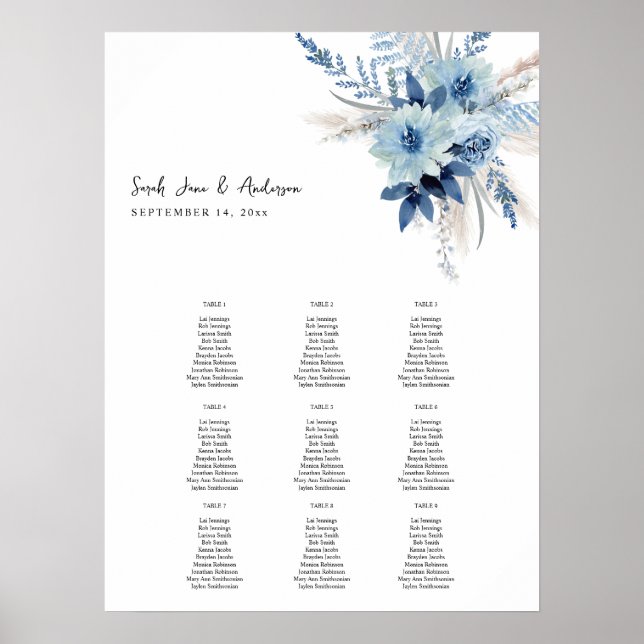 Poster Dusty Blue Boho Floral Événement Places Graphique  (Devant)