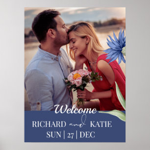 Poster Dusty Blue Bold Floral Stylish QR Code Mariage