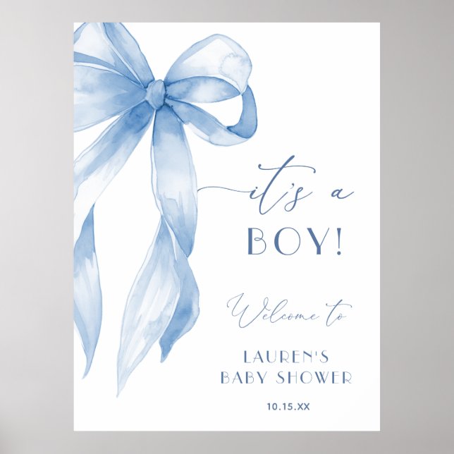 Poster Dusty Blue Bow Its A Boy Baby Shower Welcome Sign (Devant)