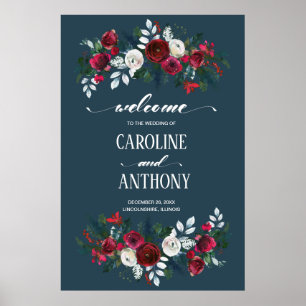 Poster Dusty Blue Burgundy Bloom Wedding Welcome Sign