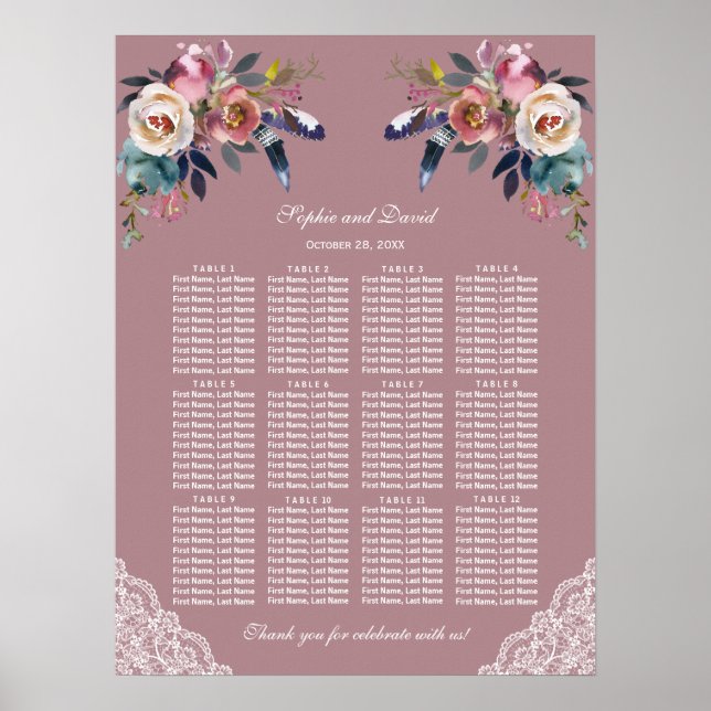 Poster Dusty Blue Dusty Rose Floral Mariage Carte de sièg (Devant)