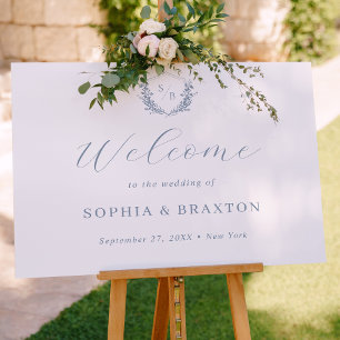 Poster Dusty Blue Floral Crest Monogram Mariage Bienvenue