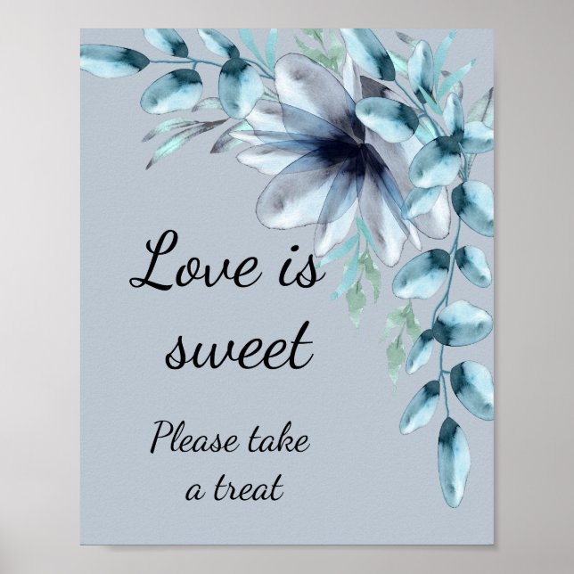 Poster Dusty blue floral love is sweet douche de mariage (Devant)