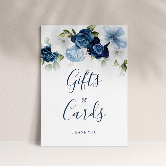 Poster Dusty Blue Floral Script Cadeaux et cartes Mariage (Dusty Blue Floral Botanical Script Gifts and Cards Display Card)