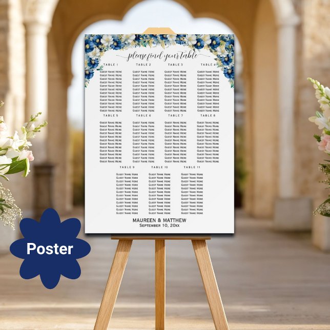 Poster Dusty Blue Gold Floral 11 Tables Siège Mariage (Créateur téléchargé)