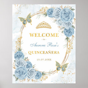 Poster Dusty Blue Gold Quinceanera Mis Quince Bienvenue