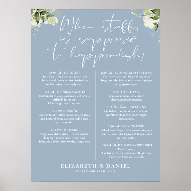 Poster Dusty Blue Greenery Floral Wedding Itinerary (Devant)