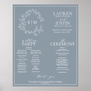 Poster Dusty Blue Leafy Crest Monogramme Programme de mar