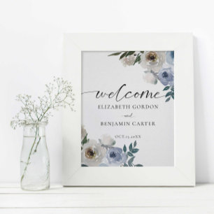 Poster Dusty Blue Mariage Floral Welcome Élégant