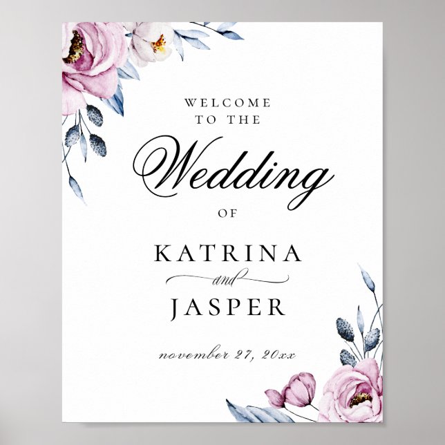 Poster Dusty Blue Mauve Floral Mariage Bienvenue (Devant)