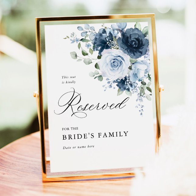 Poster Dusty Blue & Navy Reserved Sign 5x7 Wedding Decor (Dusty blue floral reserved sign 5x7 wedding decor gold frame ceremony seating sign outdoor display)