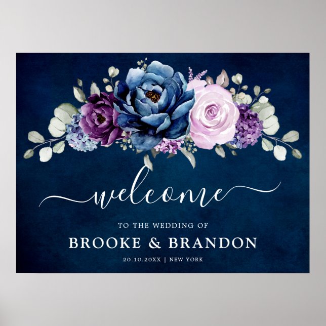 Poster Dusty Blue Purple Navy Lilac Bloom Mariage Bienven (Devant)