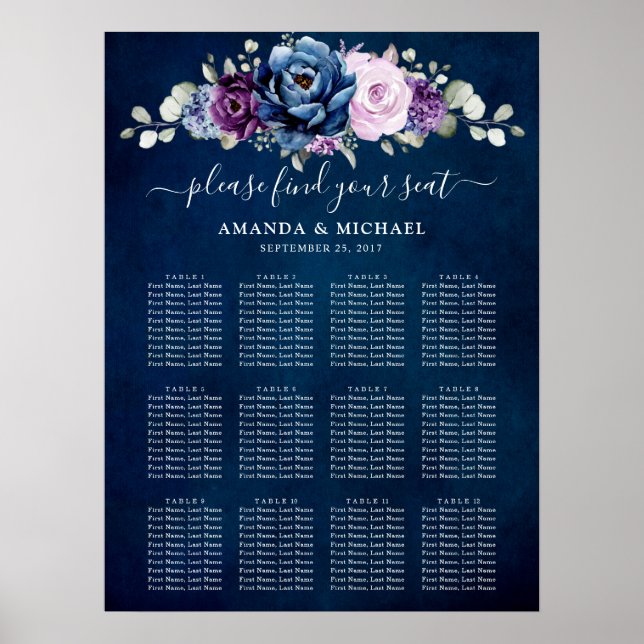 Poster Dusty Blue Purple Navy Lilac Fleurit Carte de sièg (Devant)