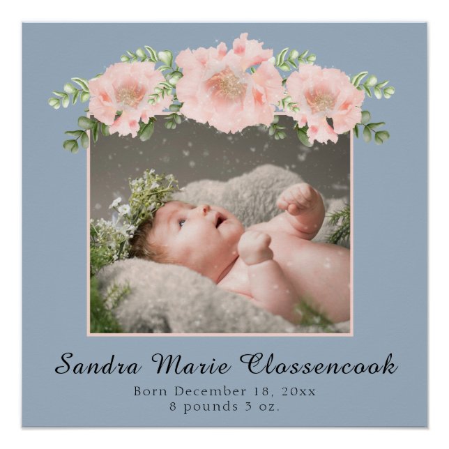 Poster Dusty Blue Rose Nouveau bébé fille Douche Nursery (Devant)