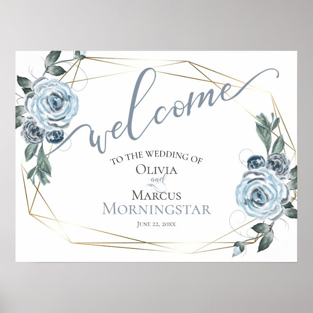 Poster Dusty Blue Rustic Floral Calligraphie Bienvenue (Devant)
