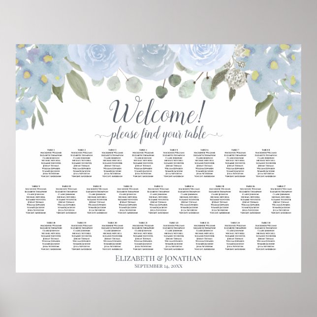 Poster Dusty Blue Rustic Roses 25 Table Seating Chart (Devant)