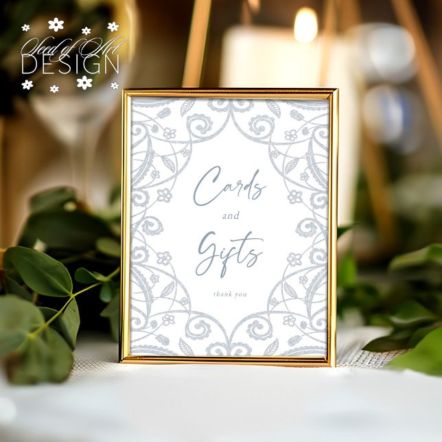 Poster Dusty Blue Silver Floral Dentelle Mariage Carte &  (Créateur téléchargé)