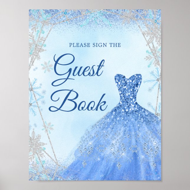 Poster Dusty Blue Silver Winter Snowflake 15e livre d'hôt (Devant)