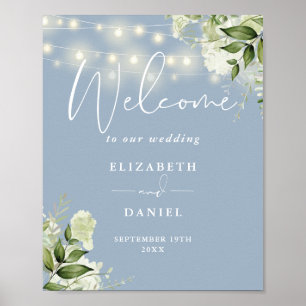 Poster Dusty Blue String Lights Floral Mariage Welcome