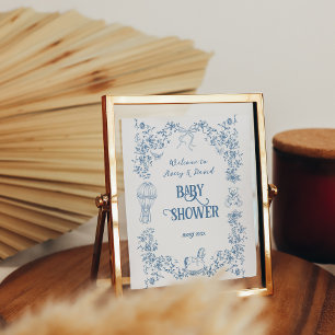 Poster Dusty Blue Vintage Floral Baby shower accueil
