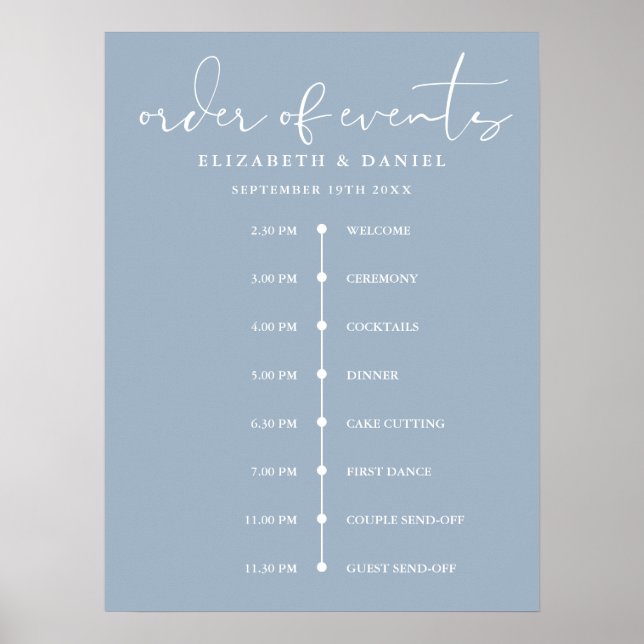 Poster Dusty Blue Wedding Order Of Events Timeline Sign (Devant)