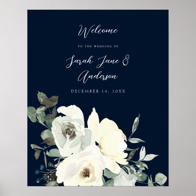 Poster Dusty Blue & White Floral Welcome Mariage- Navy (Devant)