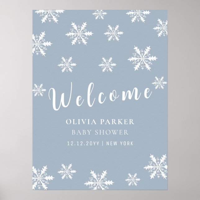 Poster Dusty Blue Winter Snow Baby shower Bienvenue (Devant)