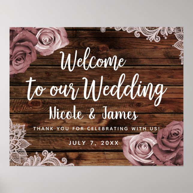 Poster Dusty Mauve Floral Rose Rustique Mariage dentelle  (Devant)
