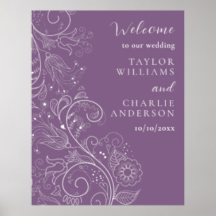 Poster Dusty Purple Élégant Mariage Floral Bienvenue