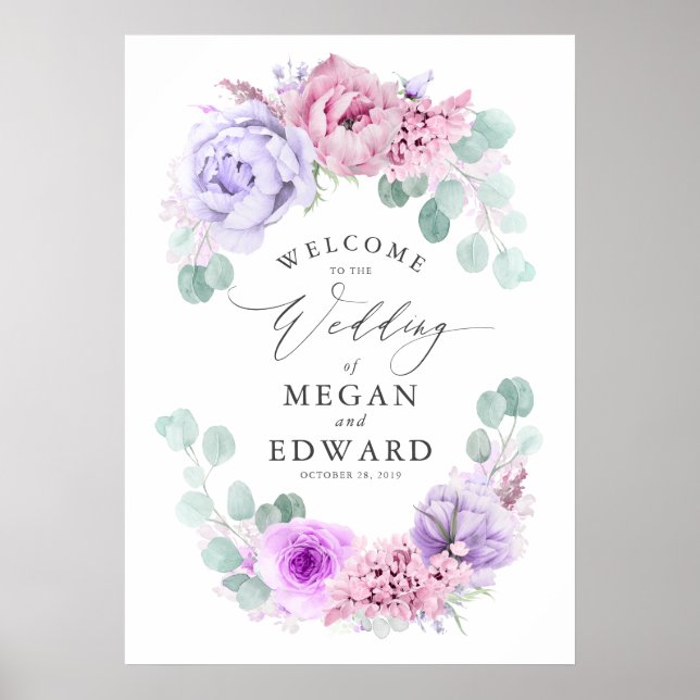 Poster Dusty Purple et rose Floral Mariage Bienvenue (Devant)