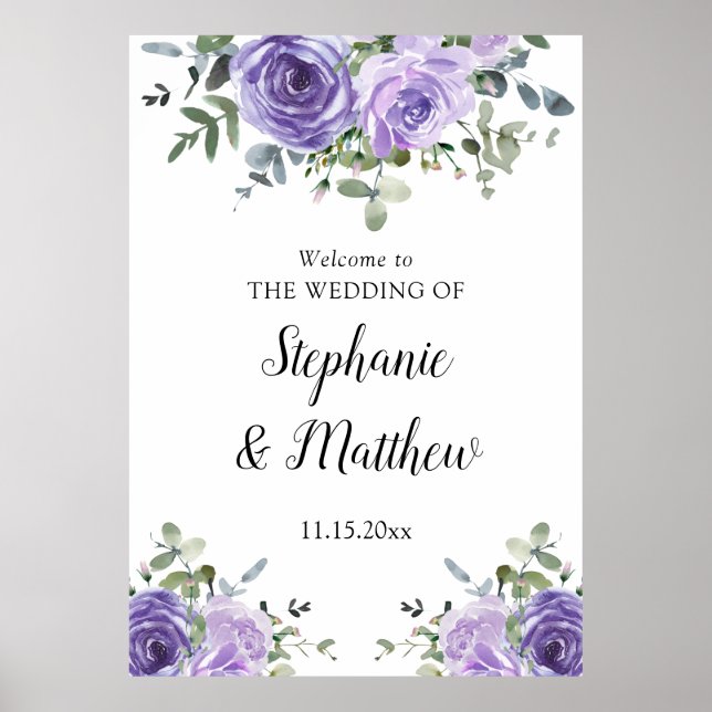 Poster Dusty Purple Eucalyptus Mariage botanique Bienvenu (Devant)