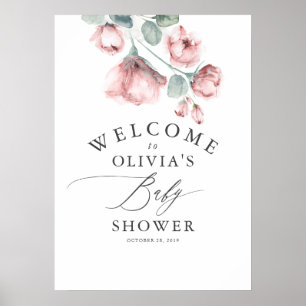 Poster Dusty Rose Floral Élégant Baby shower Bienvenue