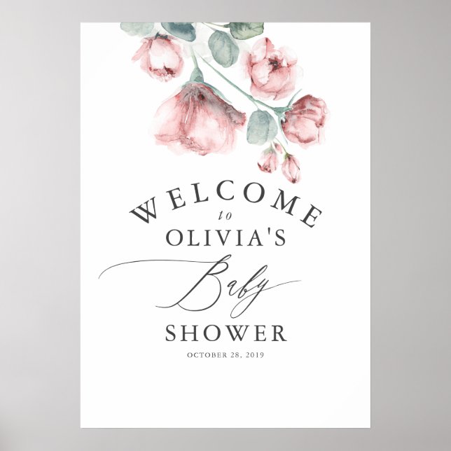 Poster Dusty Rose Floral Élégant Baby shower Bienvenue (Devant)