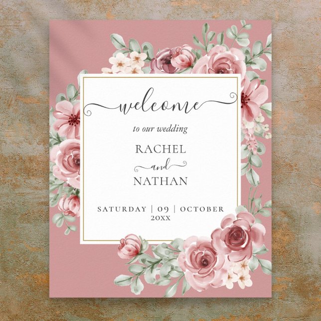Poster Dusty Rose Floral Mariage Botanique Bienvenue (Dusty Rose Floral Botanical Wedding Welcome Poster)