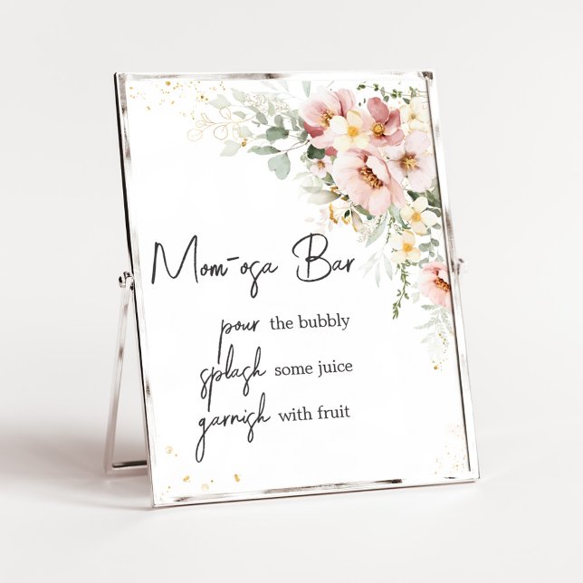 Poster Dusty rose Floral verdure Baby shower Maman Osa Ba (Dusty Pink Floral Baby Shower Mom Osa Bar Sign)
