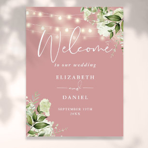 Poster Dusty Rose String Lights Floral Mariage Welcome