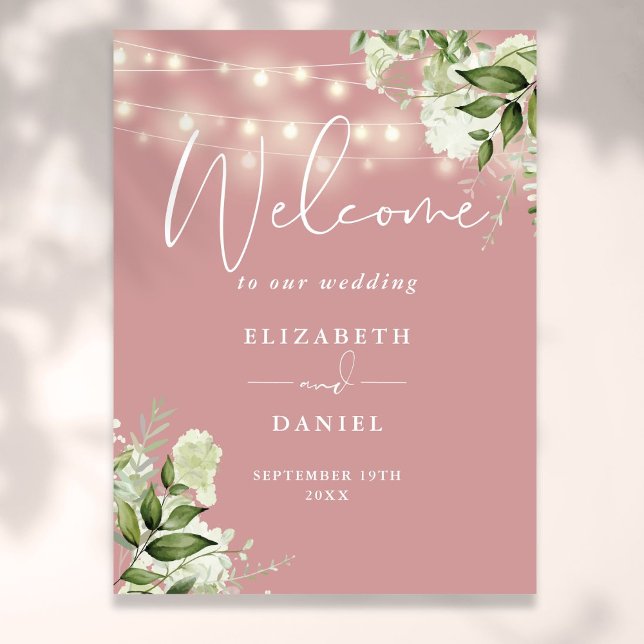 Poster Dusty Rose String Lights Floral Mariage Welcome (Dusty Rose String Lights Floral Wedding Welcome Poster)