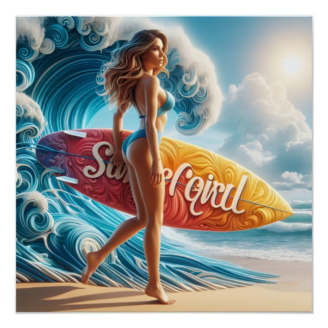 Poster Dynamic Surfer Girl Walking Beach Waves Art (Devant)