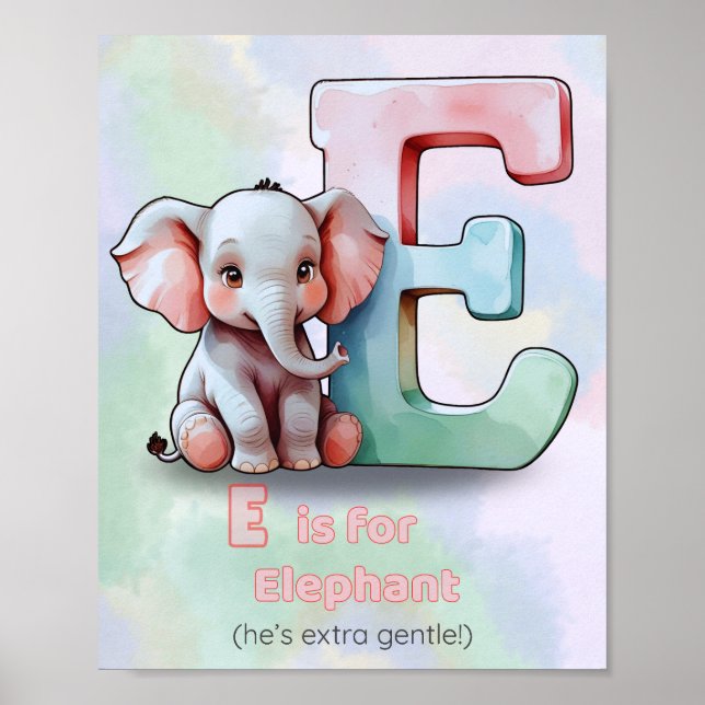 Poster E est pour Elephant - Joli Alphabet Animal Nursery (Devant)